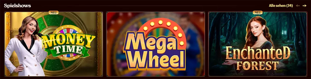 Live casino game shows Money Time, Mega Wheel and Enchanted Forest thumbnails