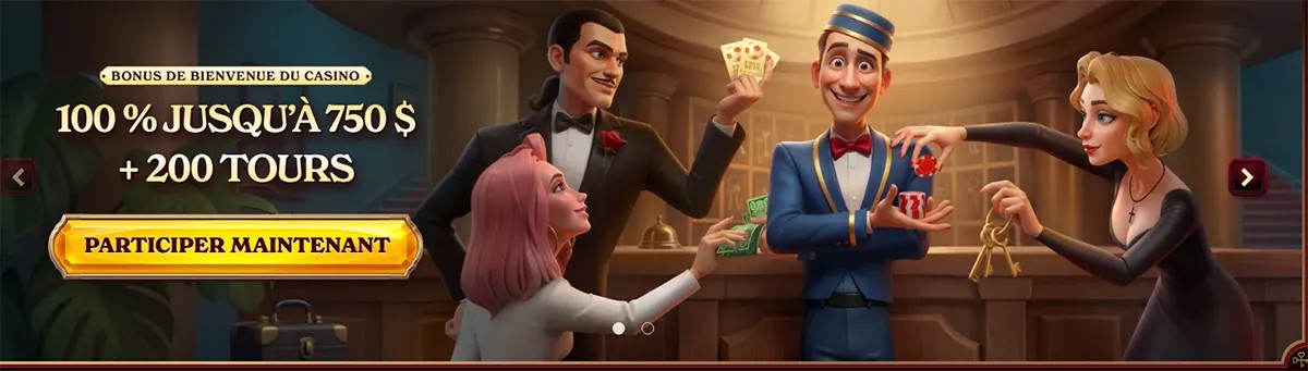 Casino welcome bonus banner with 100% up to $750 and 200 free spins promotion