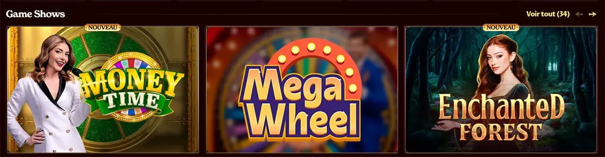 Live casino game shows Money Time, Mega Wheel and Enchanted Forest thumbnails