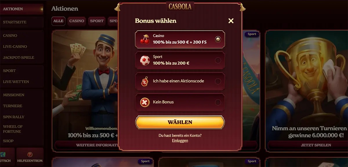 Casino welcome bonus selection popup with casino and sports bonus options