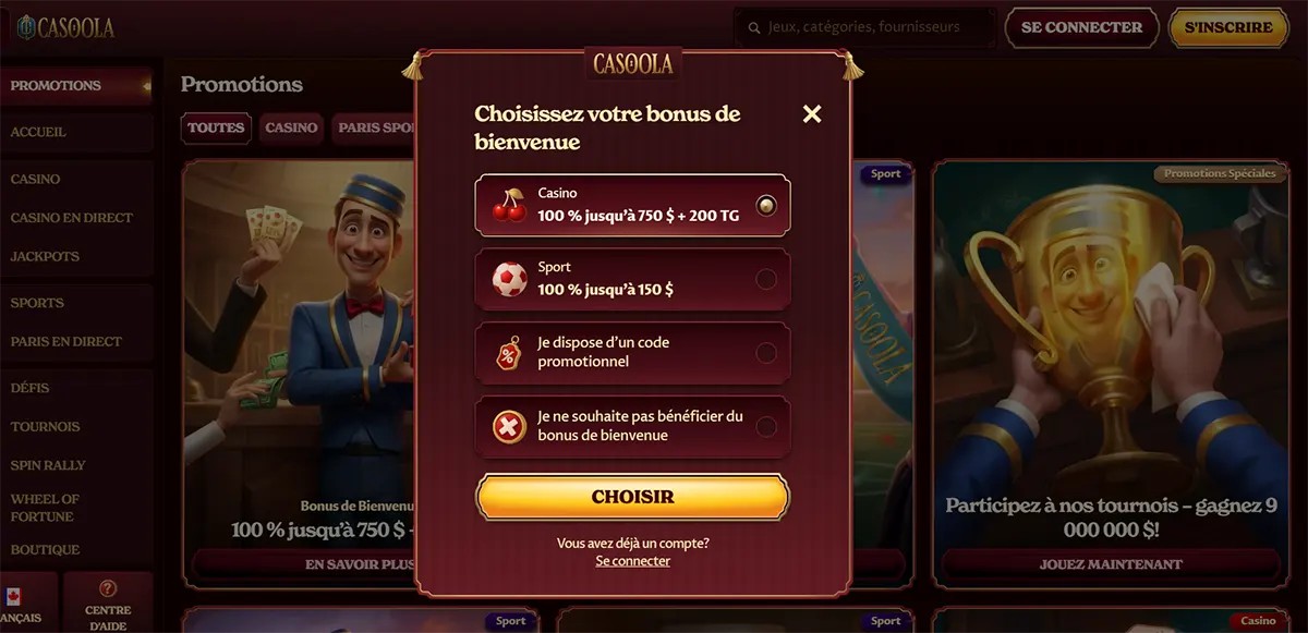 Casino welcome bonus selection popup with casino and sports bonus offers